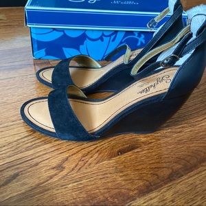 Seychelles ankle strap black leather wedge